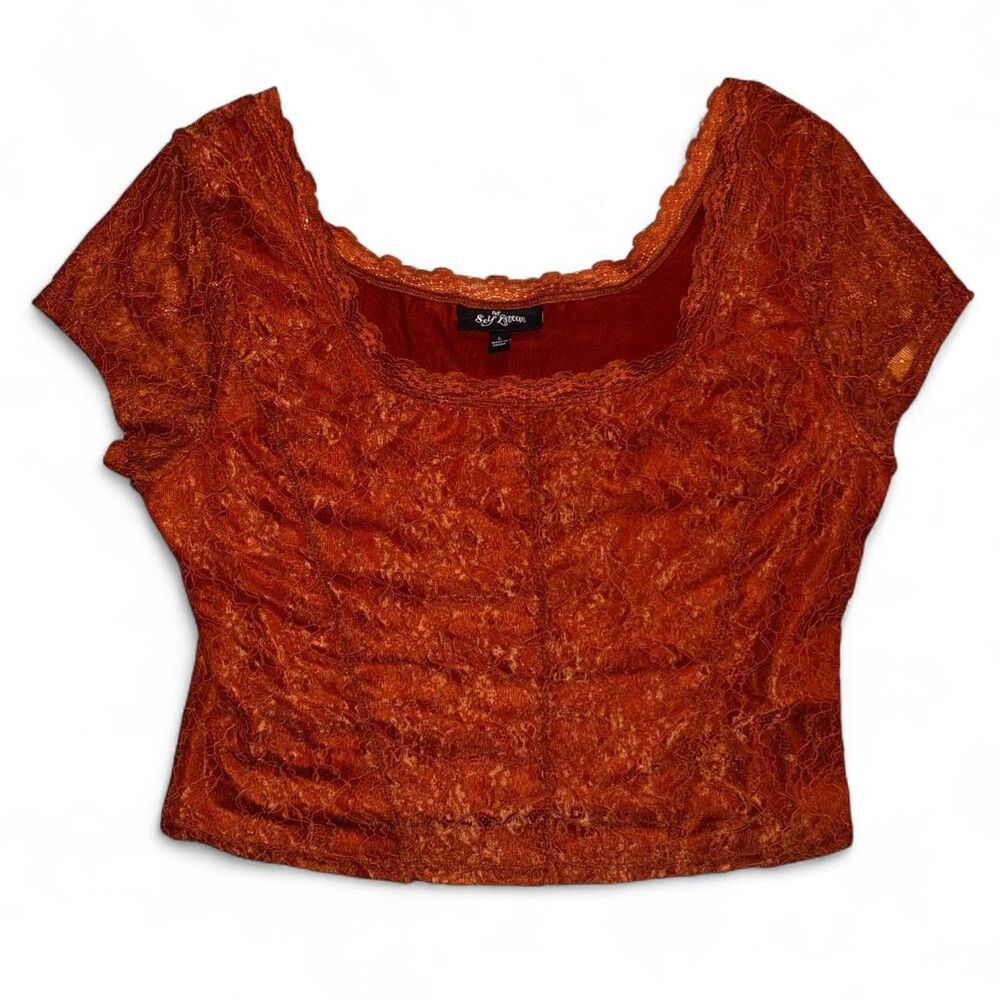 Self Esteem Orange Floral Lace Crop Top